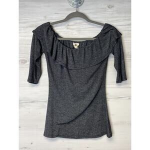 Spade & Heart Top XS‎ Womens Gray Knit Short Sleeve Ruffle Neckline